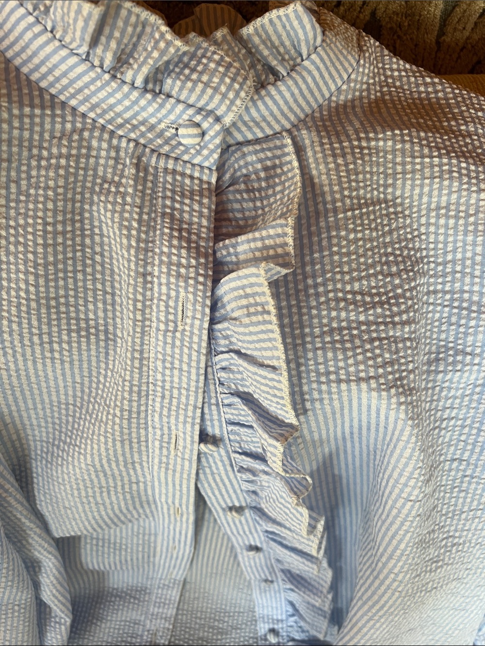 Light Blue Ruffled Front Button Blouse - Picture 2 of 4